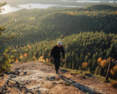 Ein Wanderer erklimmt einen felsigen Hang, umgeben von einer atemberaubenden Waldlandschaft im goldenen Licht der Abenddämmerung.