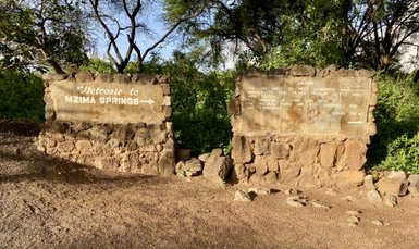 Ein Willkommensschild zu Mzima Springs, umgeben von üppigem Grün und Bäumen, mit einem Hinweis auf die Entfernung zu den Quellen.