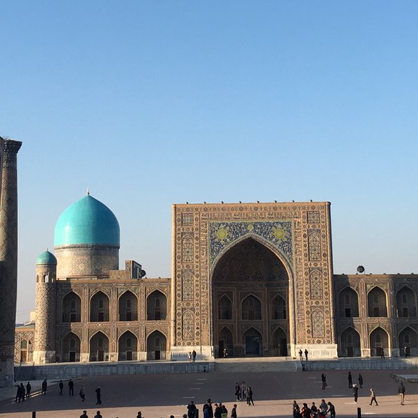 Die beeindruckende Architektur von Samarkand zeigt kunstvoll verzierte Gebäude unter einem klaren blauen Himmel.