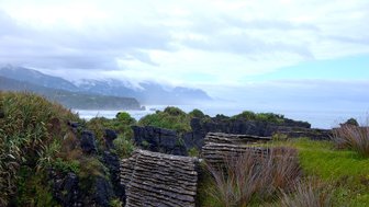 Die beeindruckenden Pancake Rocks in Punakaiki erheben sich majestätisch über die Küste, umgeben von üppigem Grün und sanften Wellen.