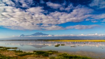 Ein ruhiger See spiegelt den Himmel wider, während Flamingos in der Ferne umherwatscheln, mit dem majestätischen Kilimandscharo im Hintergrund.