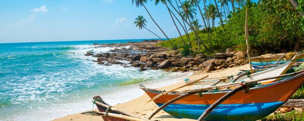 Sandstrand mit Booten neben dem klaren Wasser und Palmen im Hintergrund – Sri Lanka mit Kindern