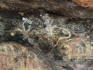 Höhlenmalereien auf einer Felsoberfläche zeigen kunstvolle Spiralen und menschliche Figuren, die Geschichte und Kultur repräsentieren.