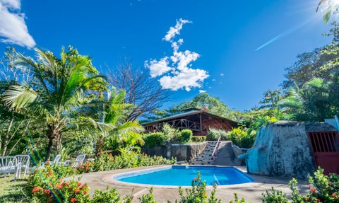 Ein einladender Pool umgeben von üppigem Grün und bunten Blumen, unter einem strahlend blauen Himmel.