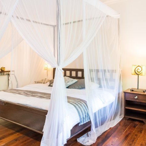 Ein elegantes Schlafzimmer mit einem Himmelbett, umgeben von einem weißen Moskitonetz und sanften Holzdetails.