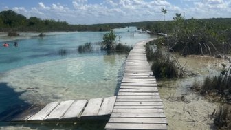 Ein Holzsteg führt über das klare Wasser einer Lagune, umgeben von üppigem Grün und einem strahlend blauen Himmel.