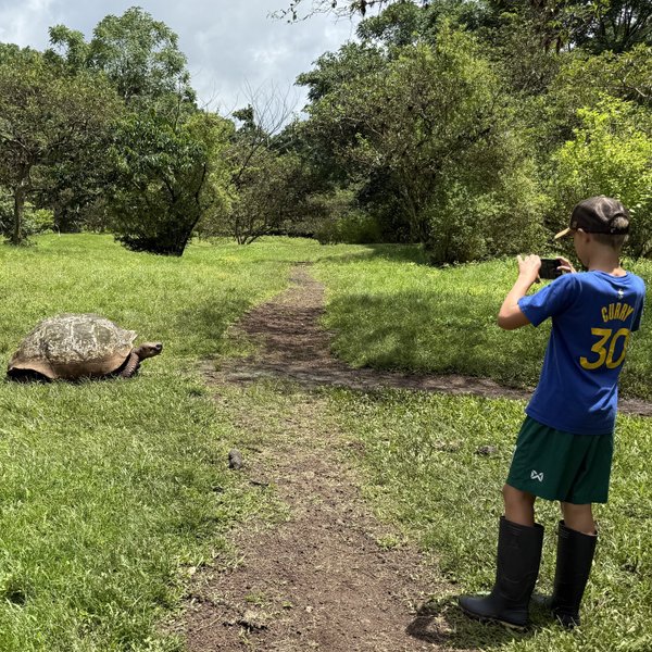Ein Junge in Gummistiefeln fotografiert eine große Schildkröte auf einem schmalen Pfad in einer grünen Landschaft.