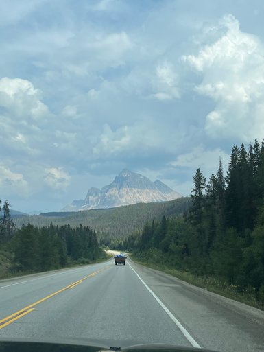 Eine kurvenreiche Straße führt durch eine bewaldete Landschaft, mit majestätischen Bergen im Hintergrund unter einem bewölkten Himmel.
