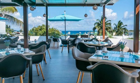 Ein elegantes Restaurant mit Blick auf das Meer, ausgestattet mit modernen Stühlen und Tischen, umgeben von Palmen.