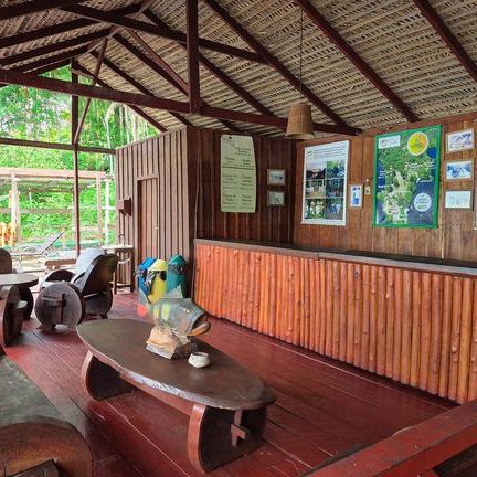 Die gemütliche Empfangshalle des Turtle Lodge mit Holzmöbeln und regionalen Karten an der Wand.