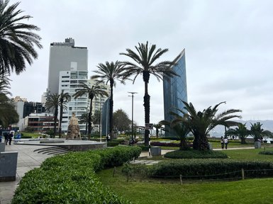 Eine grüne Parklandschaft in Miraflores, umgeben von hohen Palmen und modernen Gebäuden unter einem bewölkten Himmel.