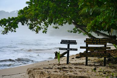 Küstenansicht im Nationalpark Cahuita mit klaren Schildern, die über Strandregeln informieren, direkt am Wasser.
