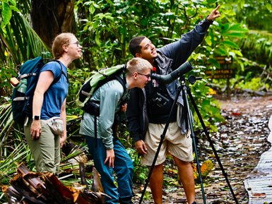 Drei Wanderer beobachten neugierig mit einem Fernglas die Natur im Cahuita Nationalpark, umgeben von üppigem Grün.