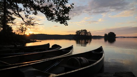 Am Ufer eines ruhigen Sees liegen mehrere Kanus, während die Sonne hinter den Bäumen untergeht und den Himmel erleuchtet.