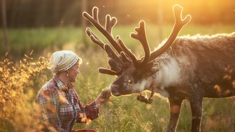 Eine Frau Füttert ein Rentier mit einem Büschel Moss