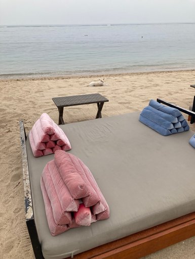 Ein ruhiger Strand mit einem Liegestuhl, auf dem gestapelte Kissen in Rosa und Blau liegen, während ein Hund entspannt im Sand liegt.