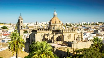 Die beeindruckende Kathedrale mit ihrer markanten Kuppel erhebt sich über die Stadt Jerez, umgeben von grünen Palmen.