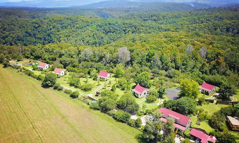 Eine Luftaufnahme zeigt eine ruhige Ferienanlage am Waldrand, umgeben von üppigem Grün und sanften Hügeln im Hintergrund.