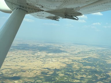 Ein Blick aus einem Kleinflugzeug zeigt die weite, grüne Landschaft Botswanas mit Wasserläufen und kleinen Inseln.