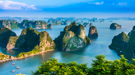 Eine atemberaubende Aussicht auf die Kalksteininseln von Ha Long Bay, umgeben von klarem, blauem Wasser und grünem Laub.
