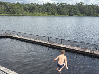 Ein Junge springt fröhlich in einen dunklen Pool, umgeben von einem Holzsteg und üppiger Vegetation im Hintergrund.