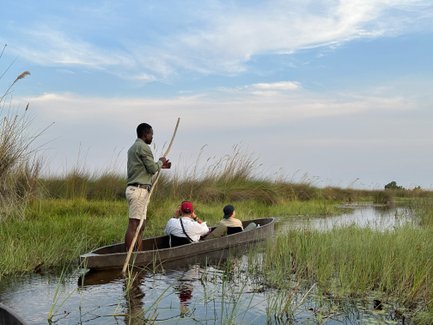 Ein Bootsführer steht in einem schmalen Kanu und lenkt die Gruppe durch das grüne Wasser des Okavango-Deltas.