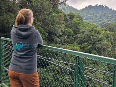 Eine Person mit einer grauen Kapuzenjacke betrachtet die üppige grüne Landschaft von einer Hängebrücke aus.