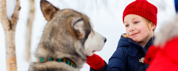Mädchen mit Husky im Schnee - Estland mit Kindern