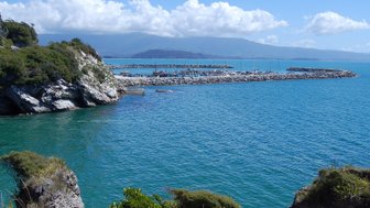 Eine malerische Küstenlandschaft mit klarem, blauem Wasser und sanften Wellen, umgeben von grünen Hügeln.