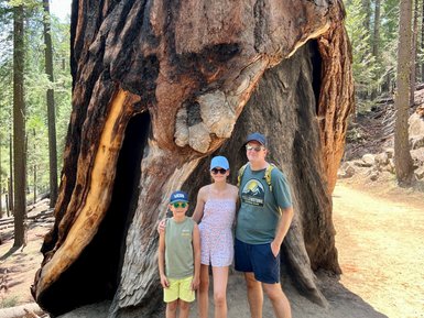 Eine Familie steht vor einem riesigen Baumstamm im Yosemite-Nationalpark, umgeben von hohen Bäumen und natürlicher Schönheit.