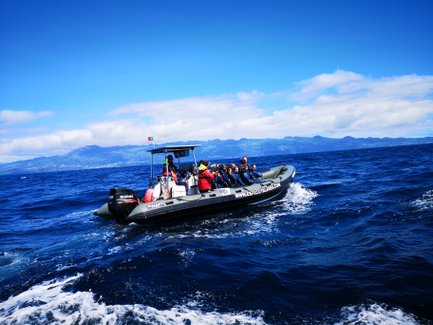 Eine Gruppe von Menschen sitzt in einem Schnellboot, das über das blaue Wasser fährt, umgeben von Bergen im Hintergrund.