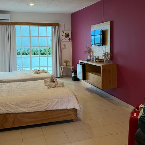 Ein helles Hotelzimmer mit zwei Betten, einem Fernseher an der Wand und einem großen Fenster, das auf einen Gartenblick zeigt.
