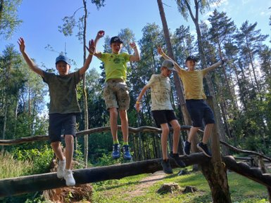 Vier Jungen balancieren fröhlich auf einem Baumstamm im Wald, umgeben von grünen Bäumen und strahlendem Himmel.