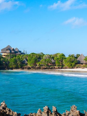 Ein malerischer Blick auf die Küste von Chale Island mit sanften Wellen und üppiger Vegetation im Hintergrund.