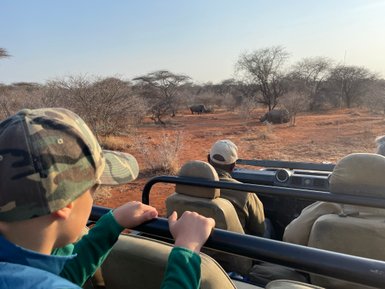 Gruppe auf Safari beobachtet ein Nashorn aus nächster Nähe im Makutsi Game Reserve – Südafrika Reise mit Kindern