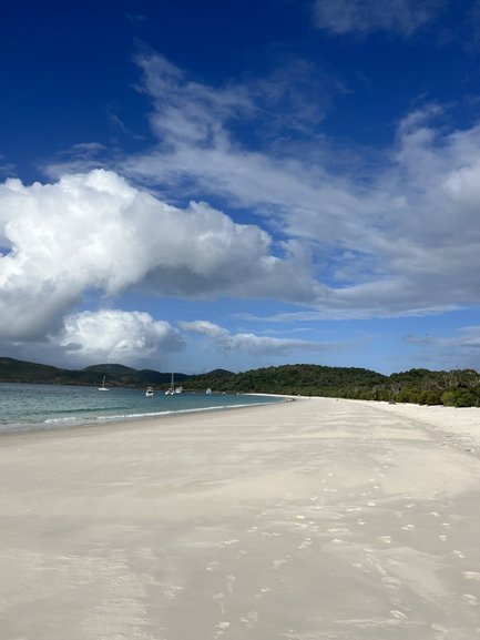 Die weiße Sandküste von Whitehaven Beach erstreckt sich majestätisch unter einem strahlend blauen Himmel.