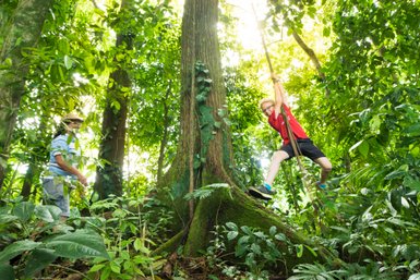 Kind spielt an einer Liane im üppigen Regenwald – Costa Rica Familienreise