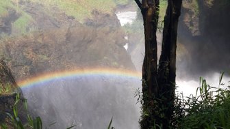 Ein Regenbogen schimmert über den tosenden Wasserfall, umgeben von üppigem Grün und steilen Felsen.