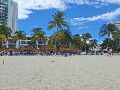 Ein sonniger Strand mit Palmen, Liegen und Strohhütten, ideal für Entspannung und Freizeitaktivitäten.