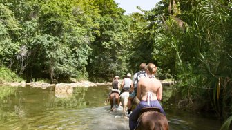 Eine Gruppe von Reitern durchquert einen klaren Fluss, umgeben von üppigem, grünem Wald und strahlendem Sonnenschein.