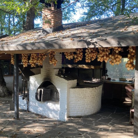 Ein traditioneller Außenofen mit einem weißen Ziegelkamin, umgeben von Bäumen und herabhängenden Zwiebeln.