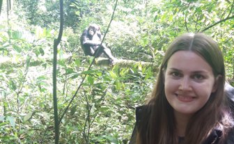 Eine Frau steht im Kibale Nationalpark, während ein Schimpanse im Hintergrund entspannt auf einem Ast sitzt.