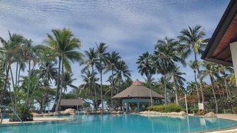 Tropischer Pool mit Palmen im Nexus Resort – Malaysia & Borneo Familienreise