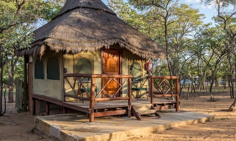 Eine gemütliche Safari-Hütte mit Strohdach steht inmitten von Bäumen, umgeben von natürlicher Vegetation und sanftem Licht.
