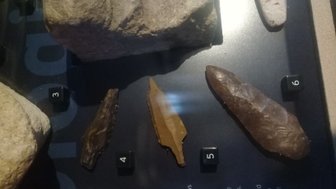 Eine Sammlung von prähistorischen Steinwerkzeugen liegt auf einem dunklen Tisch, umgeben von verschiedenen Steinen und Beschriftungen.