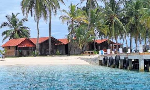 Ein abgelegener Strand mit einer Reihe von traditionellen Hütten unter hohen Palmen, untermalt von sanften Wellen des turquoise Wassers.