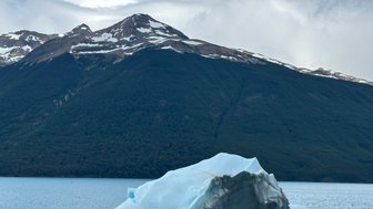 Ein majestätischer Gletscher schwimmt im ruhigen Wasser, umgeben von schneebedeckten Bergen und bewaldeten Hängen.