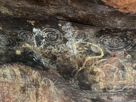 Höhlenmalereien auf einer Felsoberfläche zeigen kunstvolle Spiralen und menschliche Figuren, die Geschichte und Kultur repräsentieren.