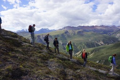 Eine Gruppe von Wanderern erkundet die hügelige Landschaft des Yukon mit beeindruckenden Bergen im Hintergrund.