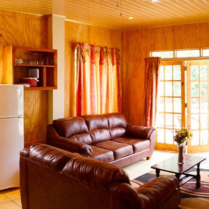 Ein gemütlicher Wohnraum mit braunen Ledermöbeln, einem Tisch und großen Fenstern, die viel Licht hereinlassen.